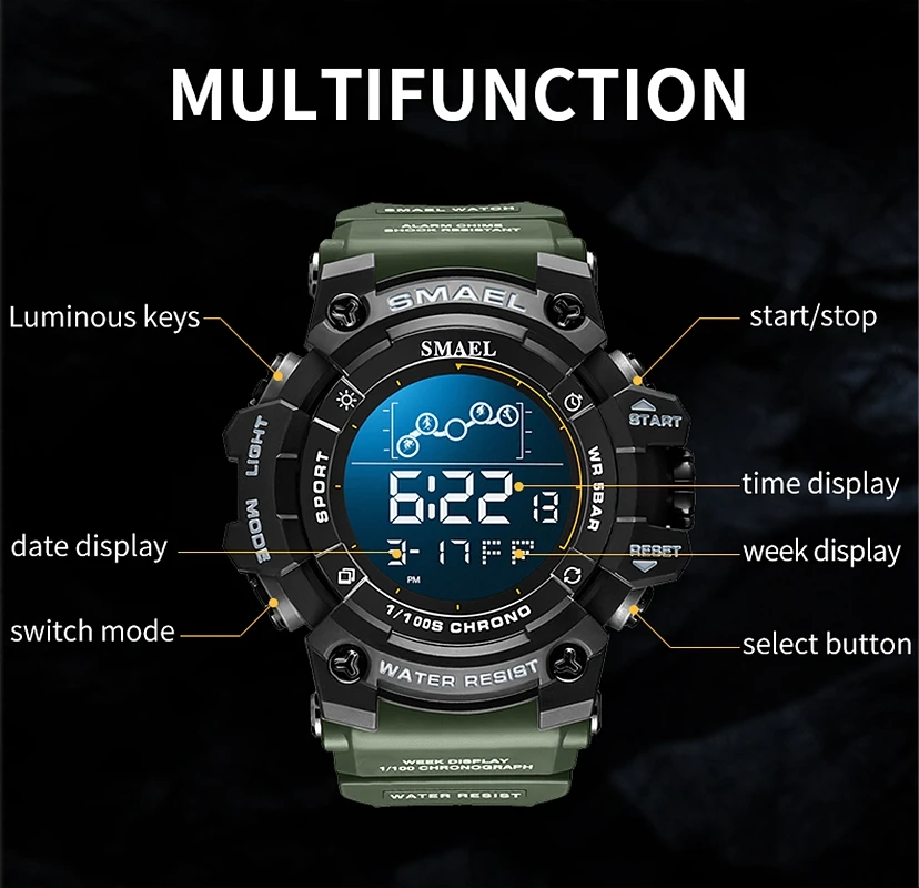 SAMEL Men Digital Watch Sport Shock Military Watches Waterproof Tactical Electronic Wristwatch Green Male Large Face Sport Clock