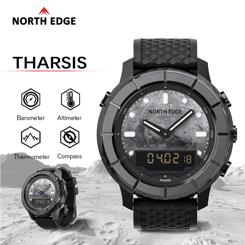 Montre numérique en fibre de carbone NORTH EDGE THARSIS pour homme, étanche 50 m, sport, randonnée, altimètre, baromètre, boussole, cadran lumineux