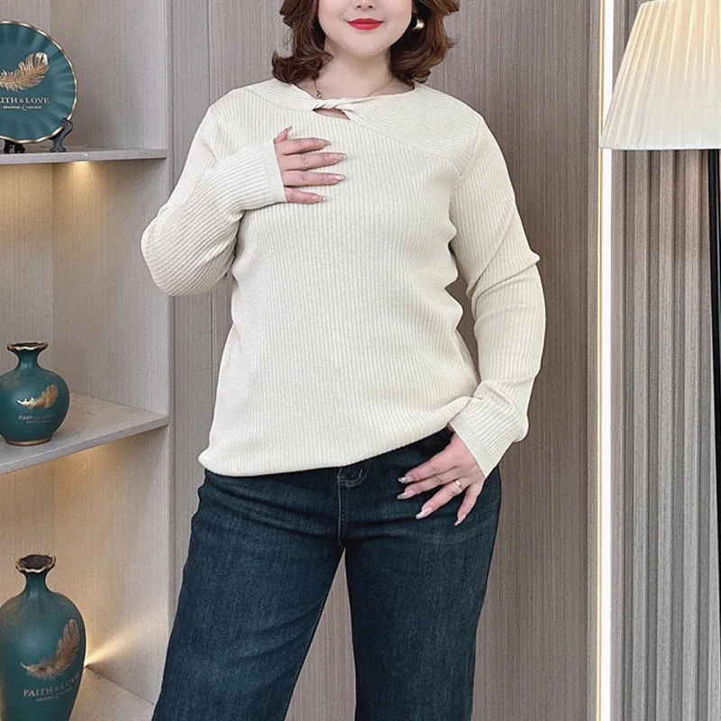 Plus Size Women Sweater Autumn Winter Hollow Neck Fashion Knitwear Female Design Pullover Jumpers 696