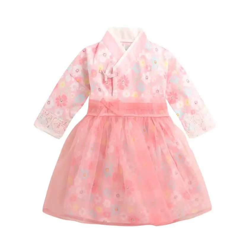 2PCS New Baby Girls Traditional Korean Hanbok Fashion Style Dress Cotton Long Sleeve Print 1-8 Years Old Child Asian Dress Y2742