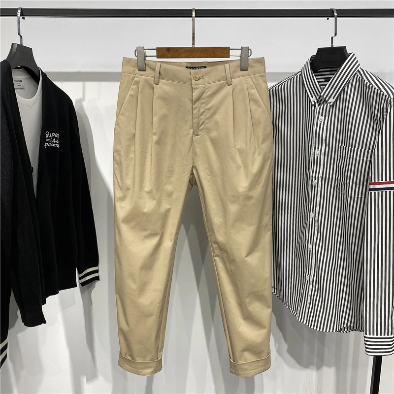 

Мужские повседневные брюки из микроэластичного хлопка с добавлением аммиака, весна-лето, цвет хаки, удлиненные, прямого кроя, с зауженным низом