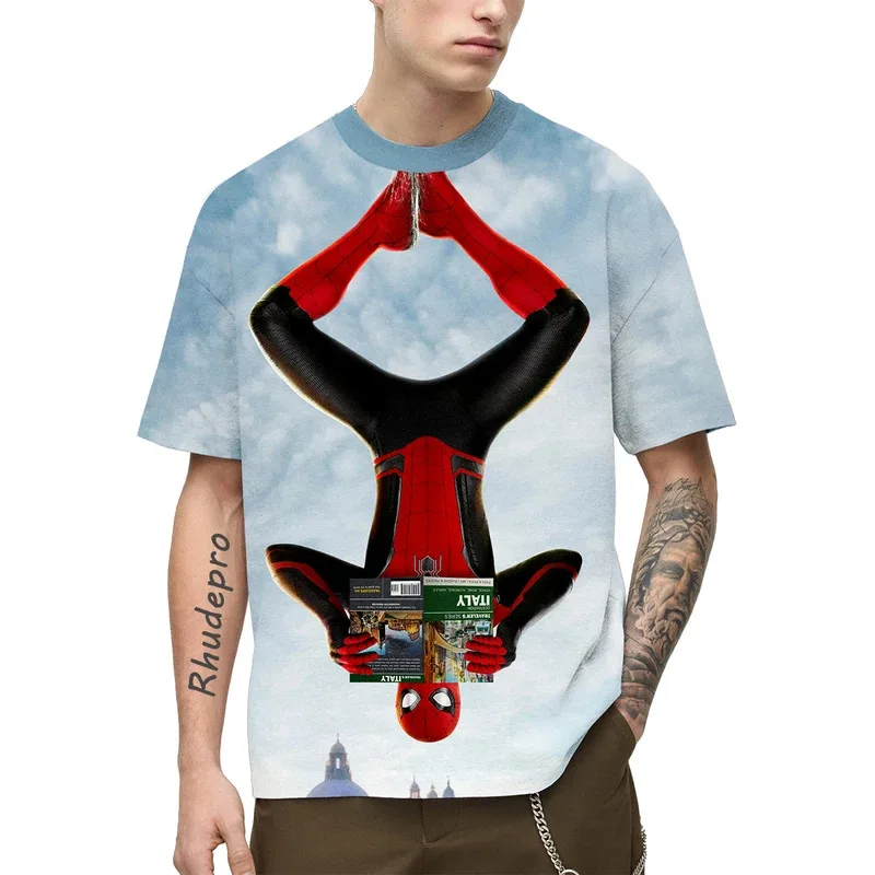 Miniso المنتقمون سبايدرمان 2024 جديد الصيف الرجال تي شيرتات قصيرة الاكمام ثلاثية الأبعاد تي شيرت مطبوع عادية تنفس الهيب هوب تي شيرت
