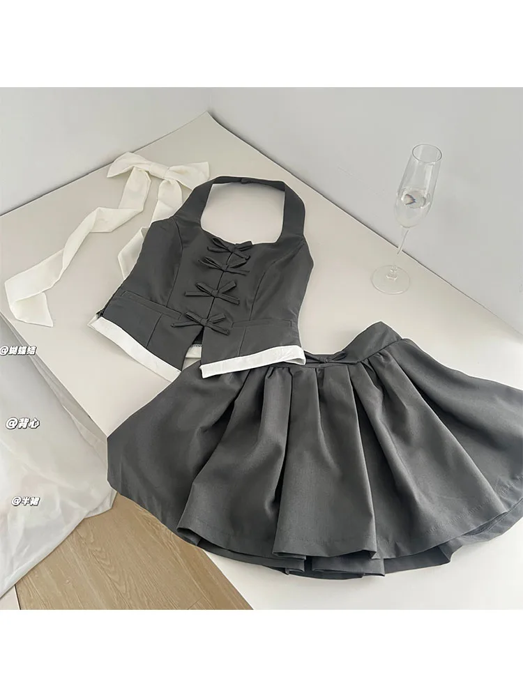 Woman Outfits 2 Piece Set Skirt Set Fashion A-line Skirt Mini Halter Top Streetwear All-match Clubwear Tunic Patchwork