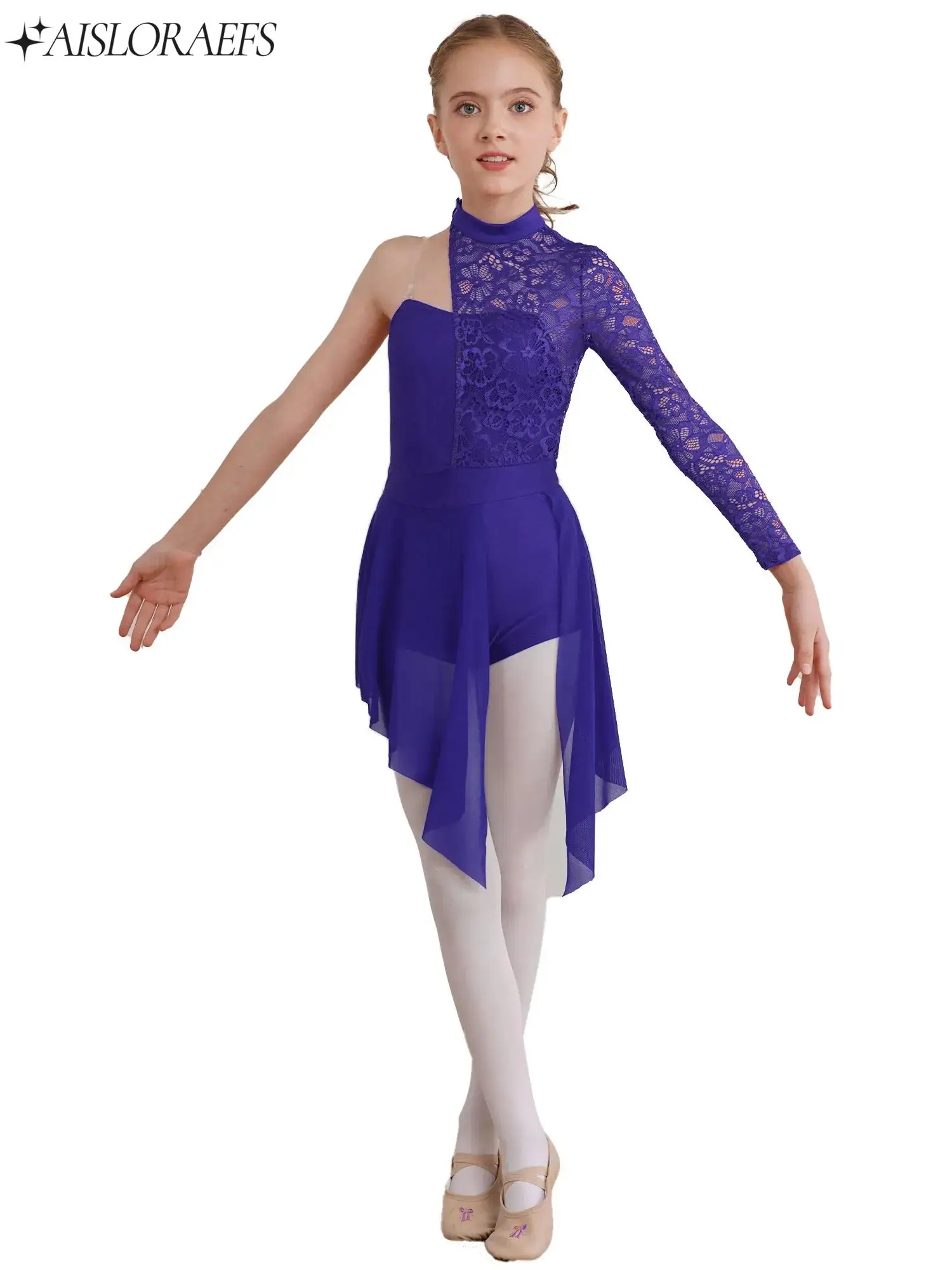 Kids Girls Lyrical Ballet Dance Dress Floral Lace Bodice Figure Skating Latin Jazz Cha-cha Costume One-Piece Jumpsuit