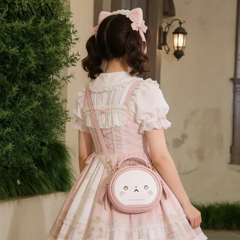 Sweet Lolita CuteRound Shoulder Bag Kawaii Cartoon Animal Face Mini Crossbody Bags Girls Vintage Small Handbag for Cosplay