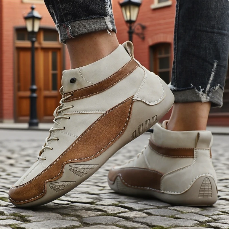 Men's High Top Casual Shoes Handmade Leather Spring/summer New Item Color Blocked Soft Sole Walking Shoes Breathable Bare Boots