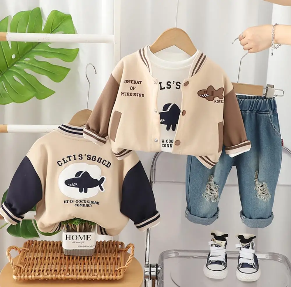 Baby Luxury Designer Sets 1 To 2 Years Korean Style Clothes for Kids Cartoon Sharks Cardigan Jackets+T-shirt+Pants Boys Outfits