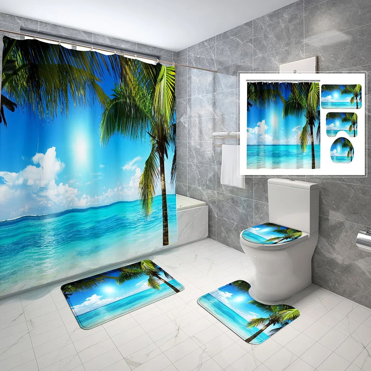 4 Sets Coconut Tree Shower Curtain Sets with Non-Slip Bath Mat,Toilet Lid Cover and Nature Sunset Beach Waves Shower Curtain Set