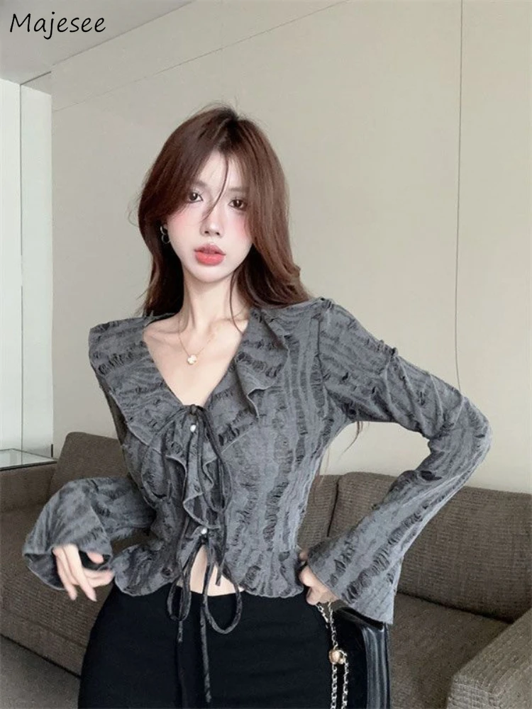 Hole T-shirts Women Ruffles Long Sleeve Abdomen Slim All-match V-neck Drawstring Lace-up Spring Sexy Korean Style Outwear Fit