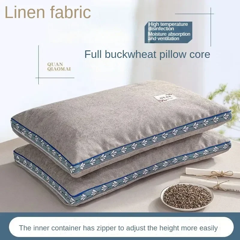 Natural Buckwheat Skin Pillow, Zipper Adjustable Height Neck Support Linen Pillow, Breathable and Cool Sleeping Bed Pillow