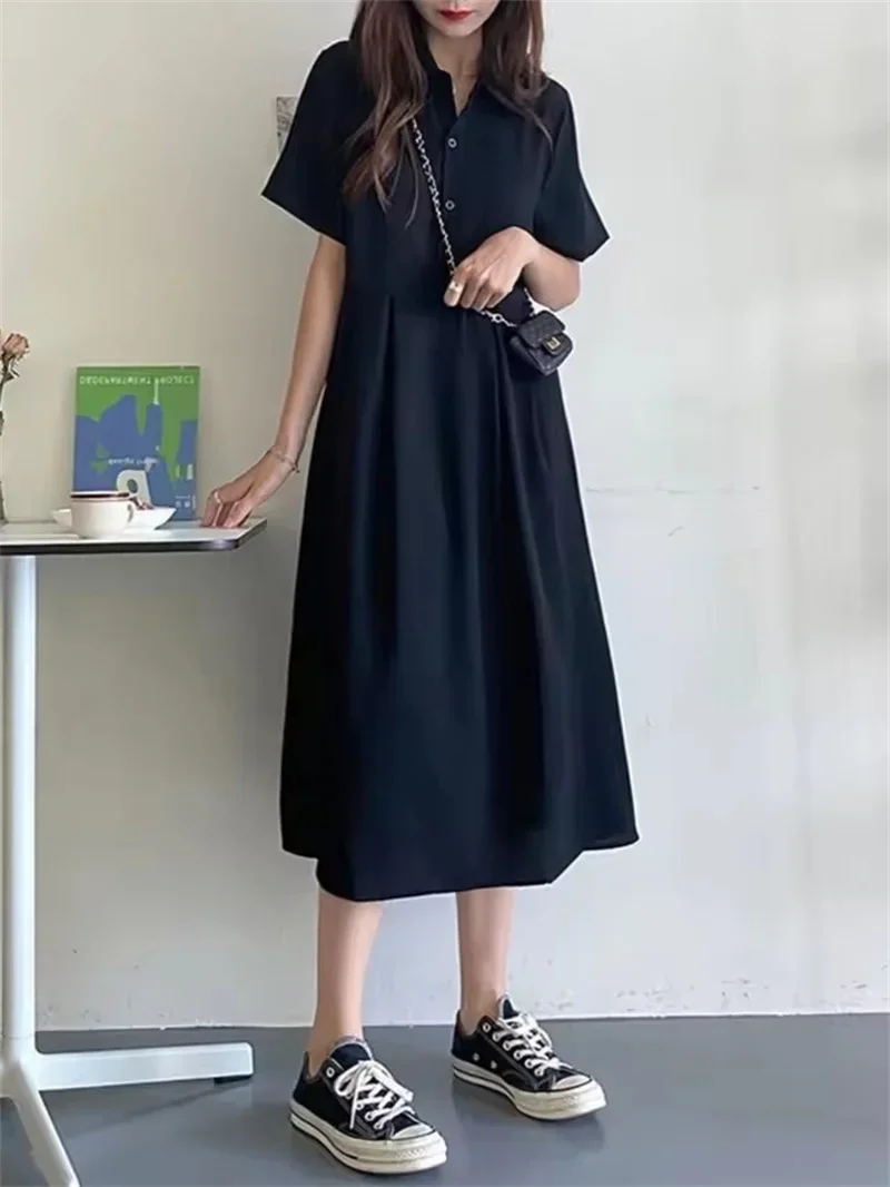 

Pop Pop Korean Women's Polo Neck Dress Summer Casual Loose Black Short Sleeve Long Dress 300 Pounds Large Size A-Line Shirt Dre