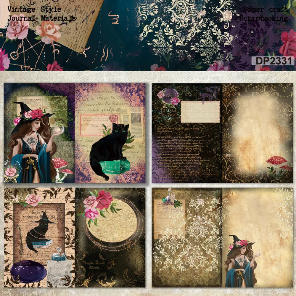 Lychee Life 8 pcs A5 Witch Black Cat Printed Scrapbooking Craft Paper Pack for Card Making DIY Handmade Background Decor