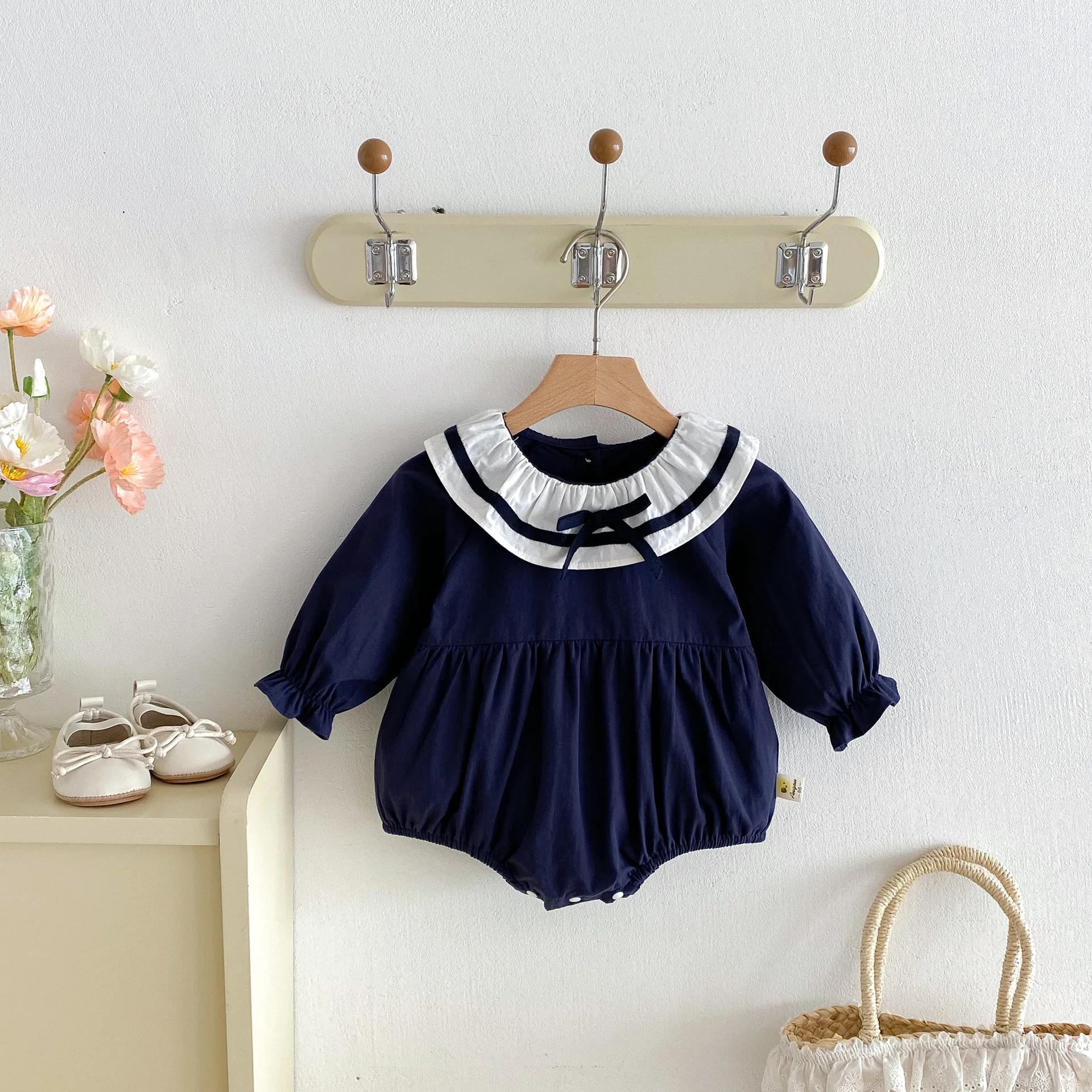 

Autumn 0-3Y Baby Girl Nautical Romper Long Sleeve Cotton Soft Baby Clothing with Ruffle Collar Bow Snap Buttons