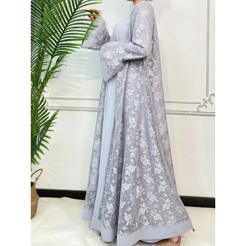 Ramadan Eid Prayer Lace Abaya 2 Piece Set Inner Dress Women Flare Sleeve Long Abayas Kaftan Djellaba Dubai Party Vestidos 2024