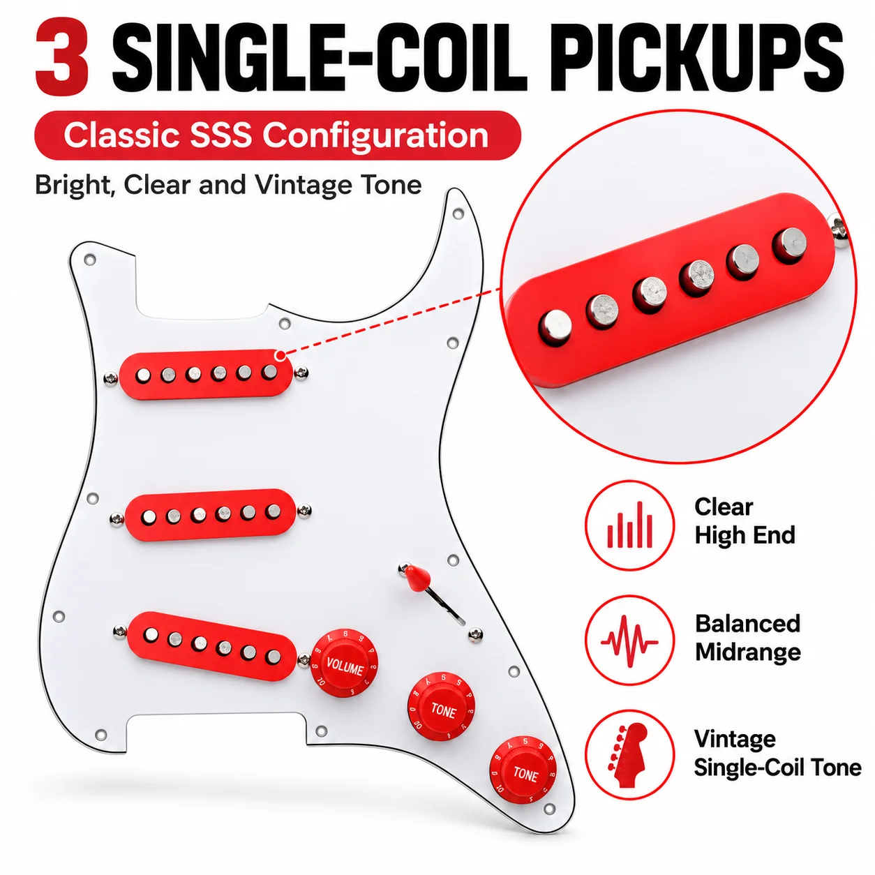 ST Style Electric Guitar Prewired Pickguard Assembly SSS Single Coil Pickup Set 5 Way Switch Volume 2 Tone Red Replacement Parts