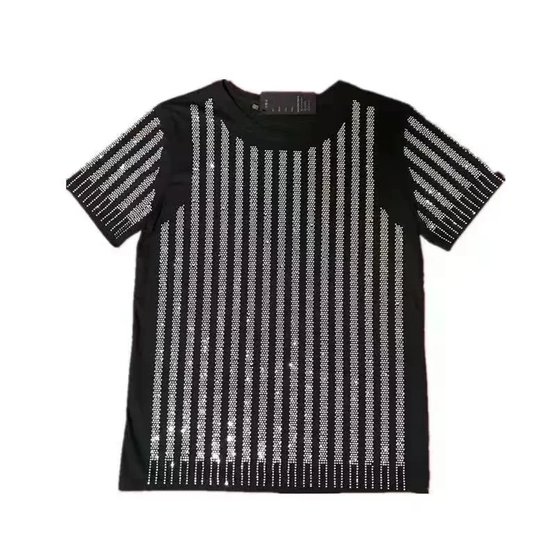 L-6X Hot drill t-shirt style Rhinestones men\'s short sleeve top quality man heavy industry T-shirt