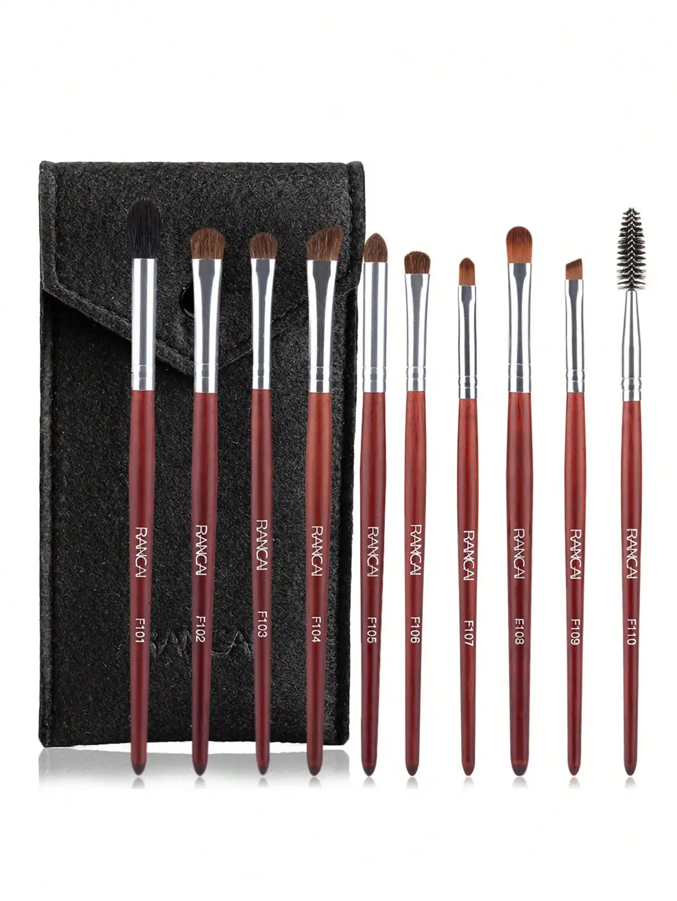 10‑Pcs Professional Eye Makeup Brush Set Red Wooden Handle Eyeshadow Blending Eyebrow Spoolie Brushes With Storage Pouch