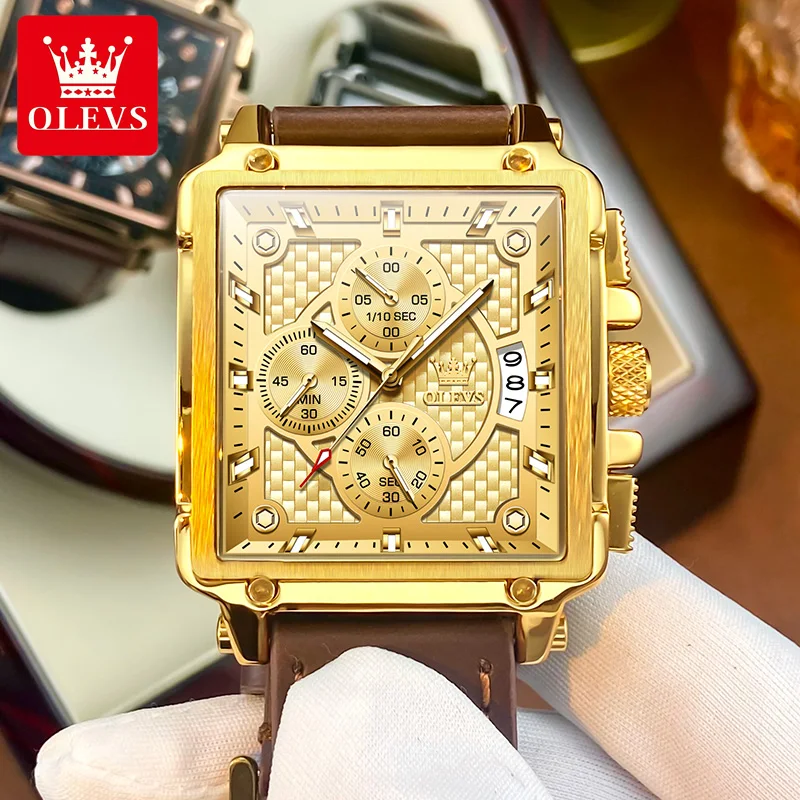 

OLEVS Watch Casual Fashion Square Quartz Watches For Men Waterproof Luminous Leather Strap Date Male Clock Hot Selling 9925