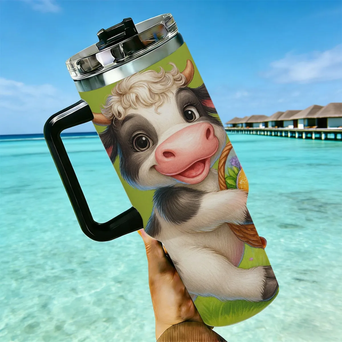 1pc 40oz Stainless Steel Tumbler with Straw - Cute Cow Design Floral Basket & Butterflies Insulated for Hot & Cold Drinks Perfect for Home Travel And Outdoor Use Travel Drinkware Playful for Work Refined Sleek Chic Trendy Abstract Printed Stainless