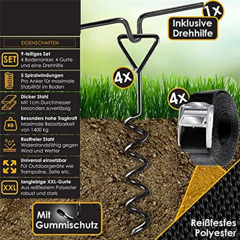 AA01-4 Ancoraggi a terra, set da 9 pezzi, attacco per trampolino, acciaio di diametro di 1 cm per avvitare, 4 cinghie e ausilio per tornitura