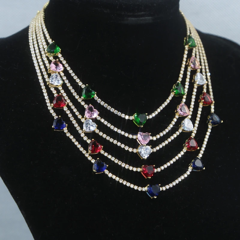 2025 New Arrived Fashion Sparking Clear Multicolor WHITE Cubic Zirconia CZ Heart Necklaces For Women Tennis Chain Charm Jewelry