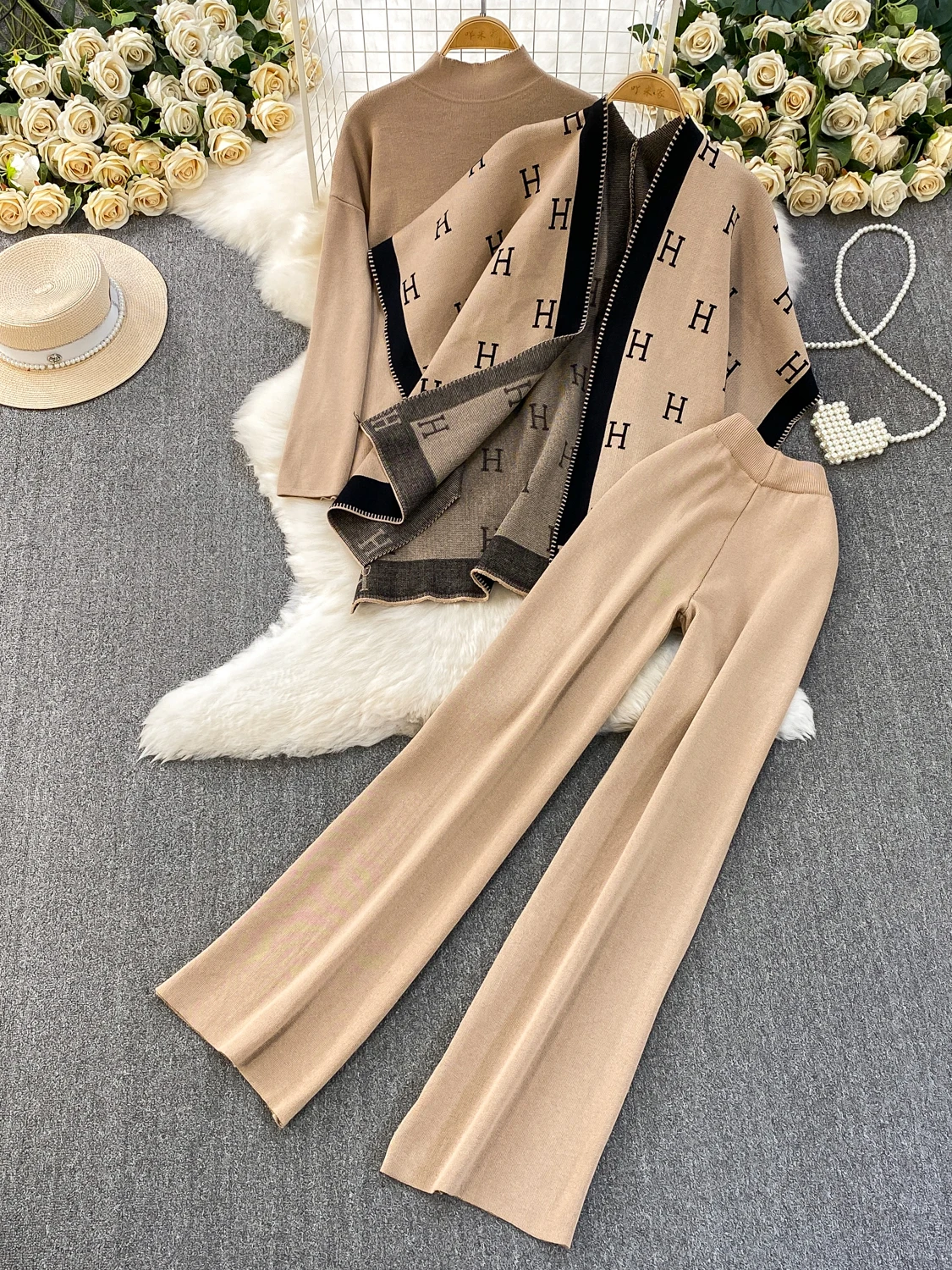 Faionable Knitted Tee-Piece Set Women's Loose Fit Autumn Winter Cardigan Embroidered Letter Sweatirt Wide Leg Pants