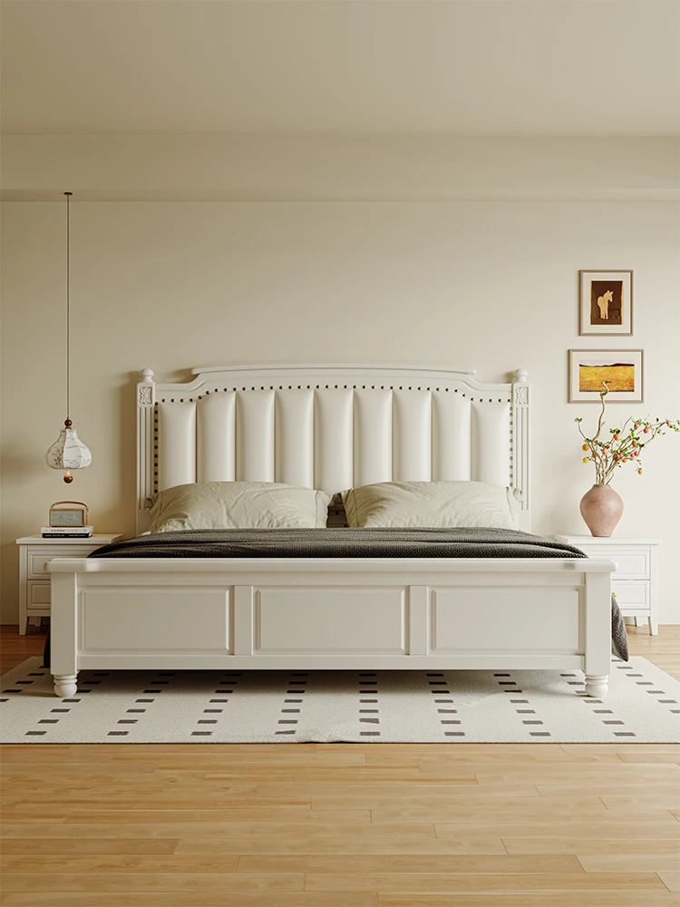 French white simple all solid wood bed 1 meter 8 double bed American leather soft bag bed Master bedroom 2 x 2 2 double beds