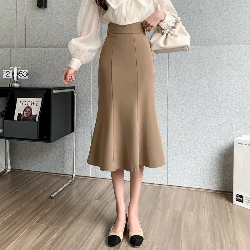Elegant Office Long Skirts Women 2026 Winter Korean Fashion High Waist Falda Sexy Mujer Slim Y2k Clothes Flared Black Midi Skirt
