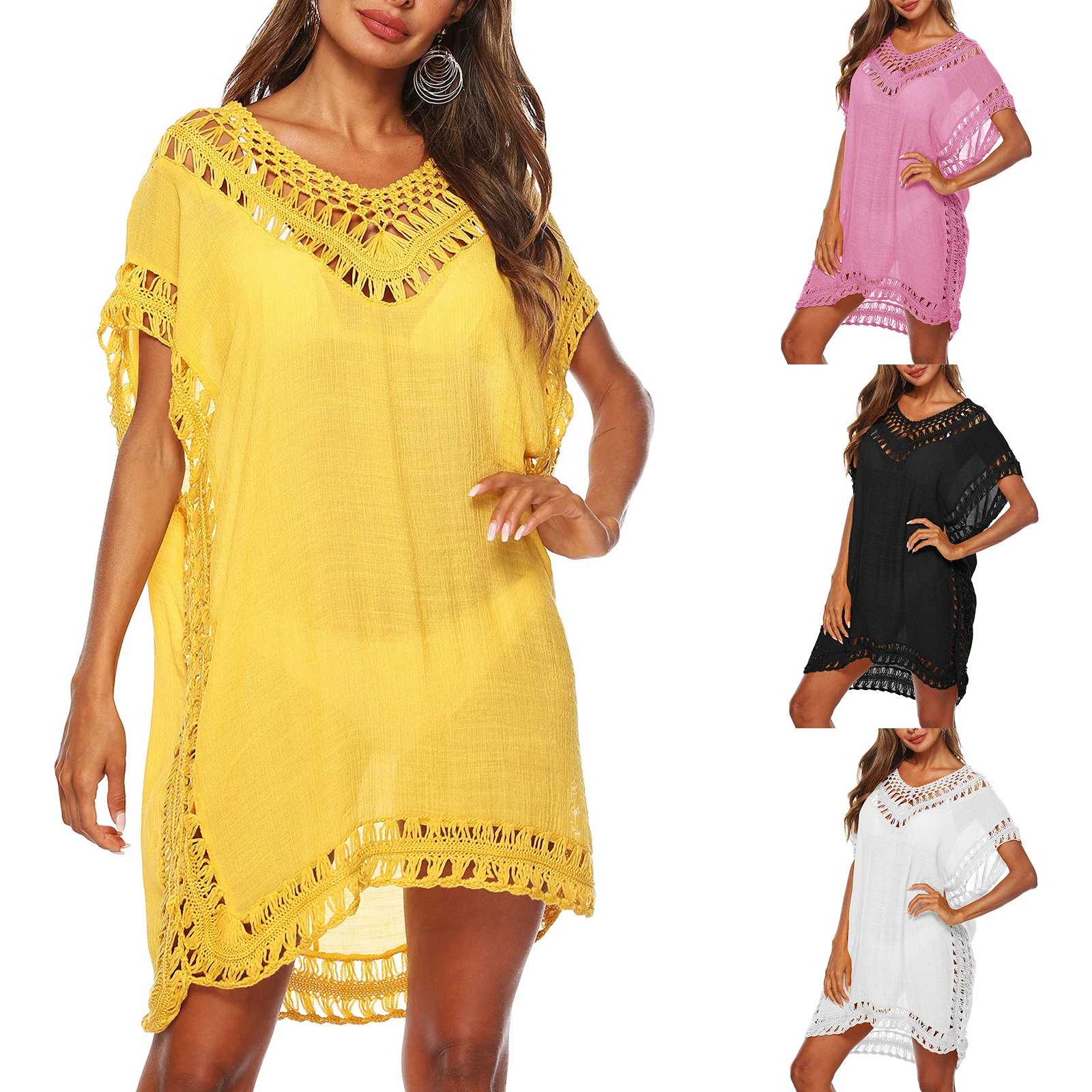 Womens Beach Cover Up Solid Color V Neck Short Sleeve Crochet Dress Sarongs for Women Beachwear Beach Kaftans