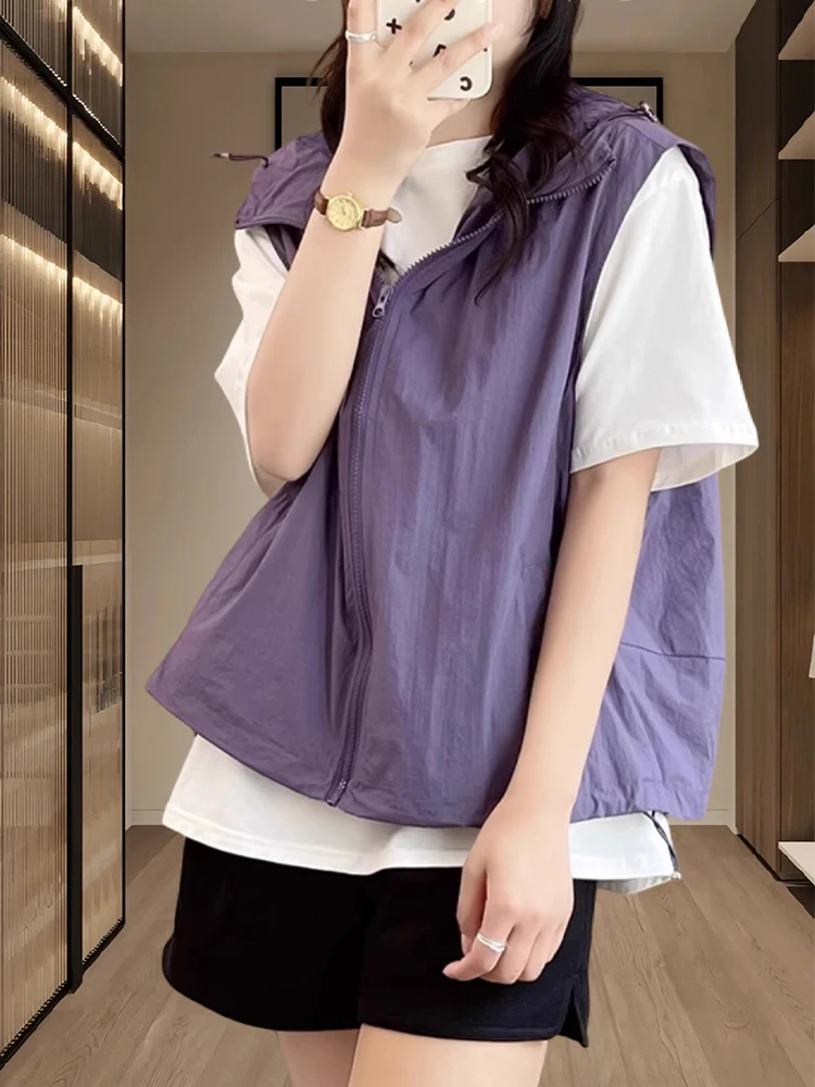 Spring Summer Women's Casual Loose Vest Outdoor Sun Protection Jacket Thin Model Commute Style Nylon Fabric Zipper Closure