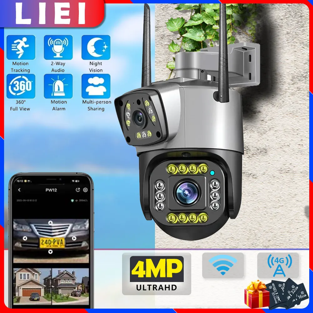 

LIEI 4MP PTZ IP 360 Cameras 4G/WIFI Surveillance Camera Dual Lens Wireless Outdoor Security AI Human Detect Digital CCTV Camera