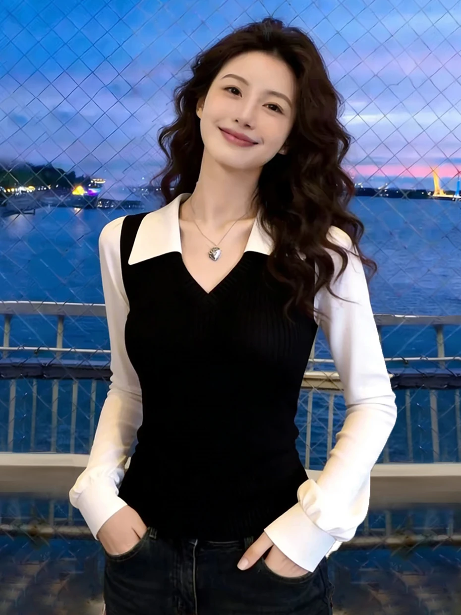 

Slim Fit Black Lantern Sleeve Collared Patchwork Fake Two-Piece Women's Shirt Spring Fashion Retro Money Style Top