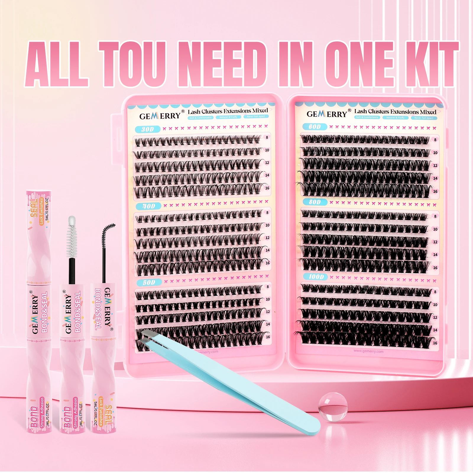 GEMERRY DIY Cluster Eyelash Kit Extension 30D/40D/50D/60D/80D/100D Cluster lash Extensions with Lash Bond&Seal and Tweezers