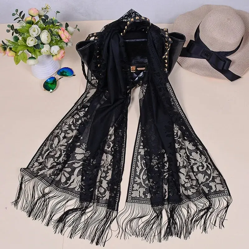 New Design Hot Brand Solid Lace Summer ScarfHollow Embroidered Fringed Mesh Shawl Women Muslim Hijab Shawl Long Soft Wrap