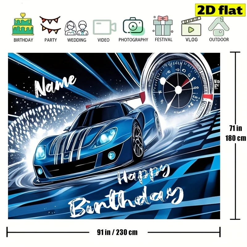 1pc Custom Name Racing Car Happy Birthday Backdrop 2D Flat Race Speed Themed Party Banner Decor for Boys