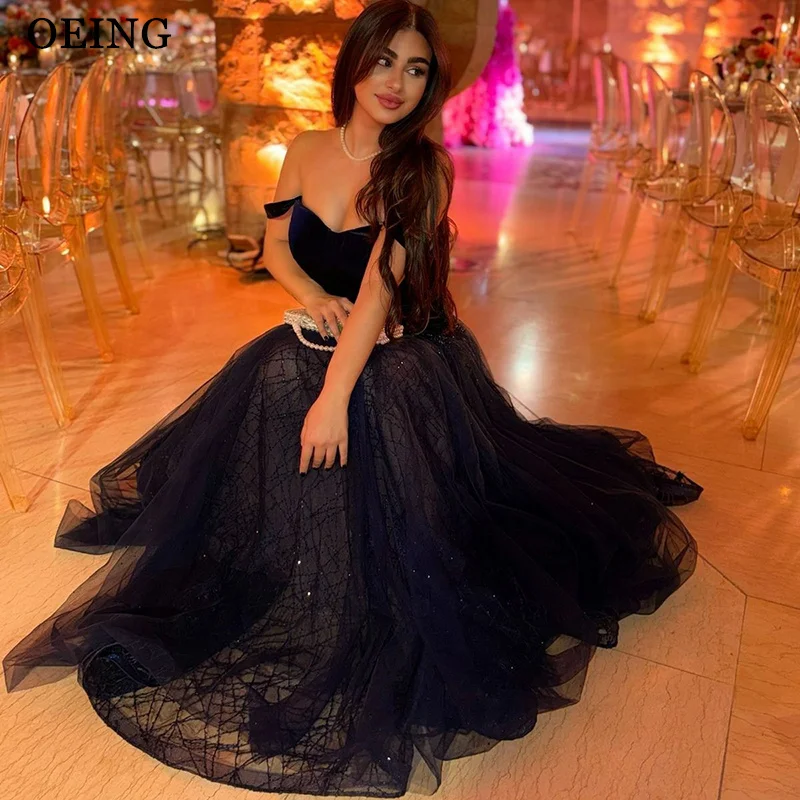

OEING Sparkly A-Line Prom Dresses Navy Blue Off Shoulder Sequined Maxi Birthday Party Dresses Gala robes de soirée Customized