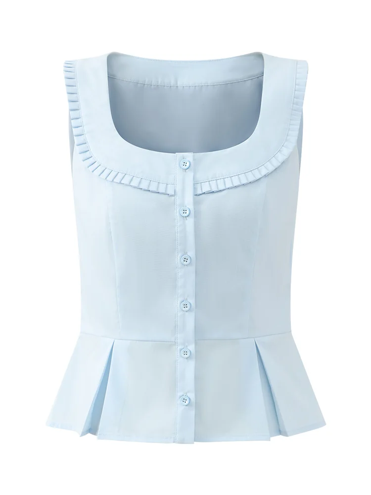 Vintage Sleeveless Blouse Women French Style Square Neck Slim Fit Top Summer Ruffle Vest Shirt Pleated Waist and Button Front