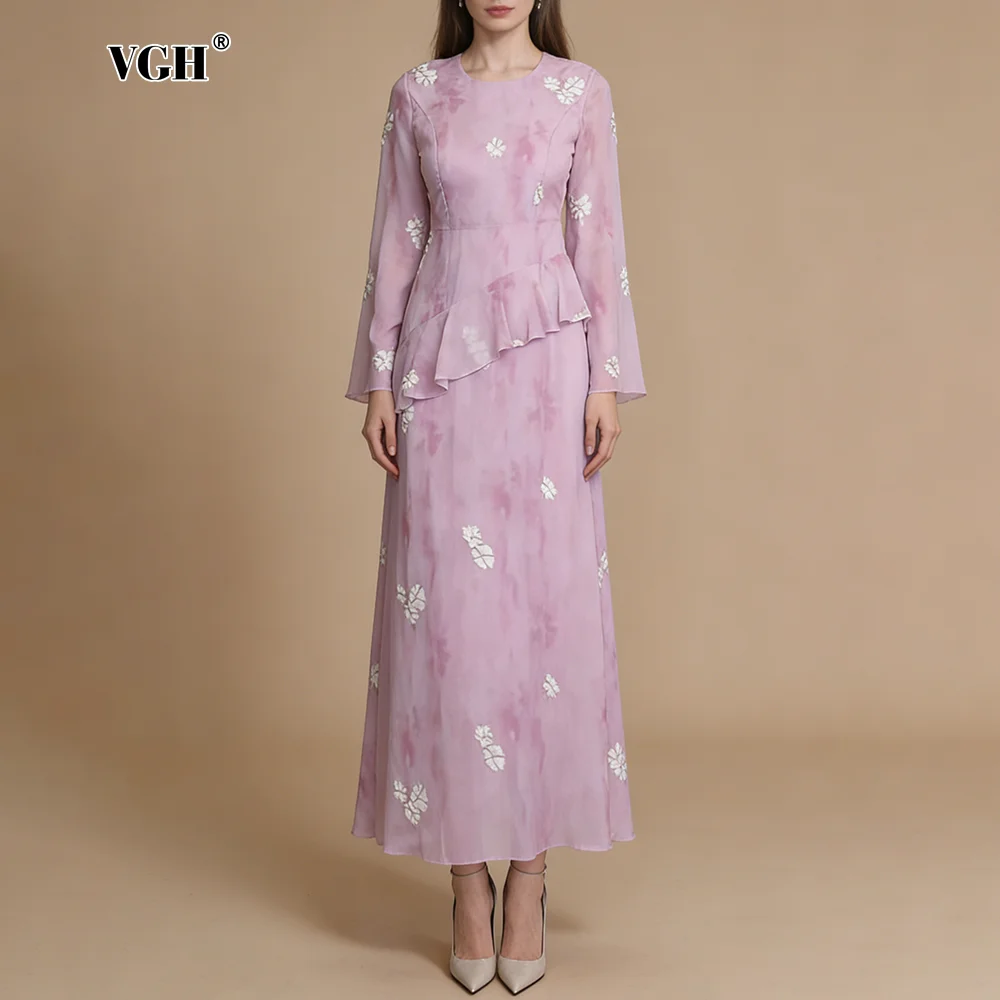 

VGH Elegant Tie Dye Maxi Dress for Women O Neck Flare Sleeves Floral Embroidery Ruffle Accent Slimming Skirt for Wedding Guest