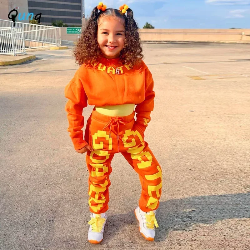 Qunq 2023 Autumn Winter New Girls Boys Long Sleeve Print Pullover Top + Pants 2 Pieces Set Sporty Casual Kids Clothes Age 3T-8T