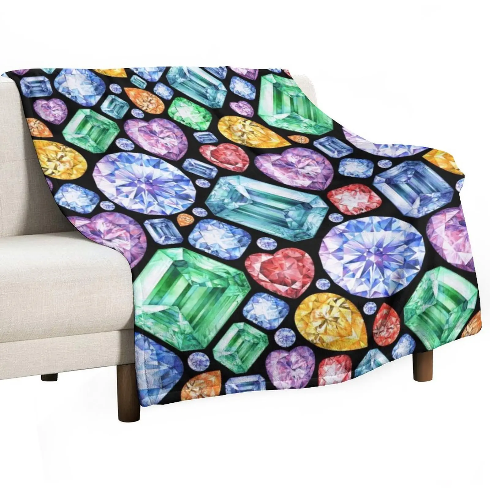 

Colorful Gemstone Painting. Sparkling Gem Print on black Throw Blanket Retros Polar Blankets