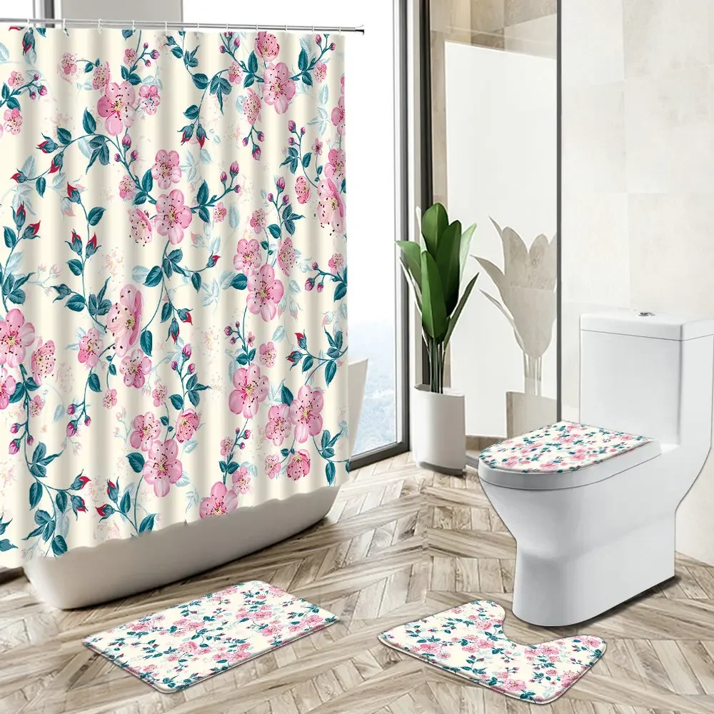 Small Floral Flower Shower Curtain Rose Plant Leaf Watercolor Art European Style Decor Bath Mat Toilet Cover Bathroom Carpet Set