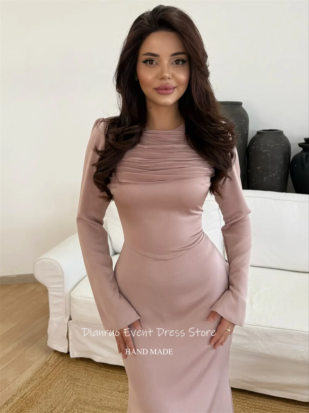 Dianruo فساتين سهرة طويلة باللون الوردي بأكمام طويلة فساتين حفلات عربية سعودية مكشكشة لحفلات الزفاف حسب الطلب