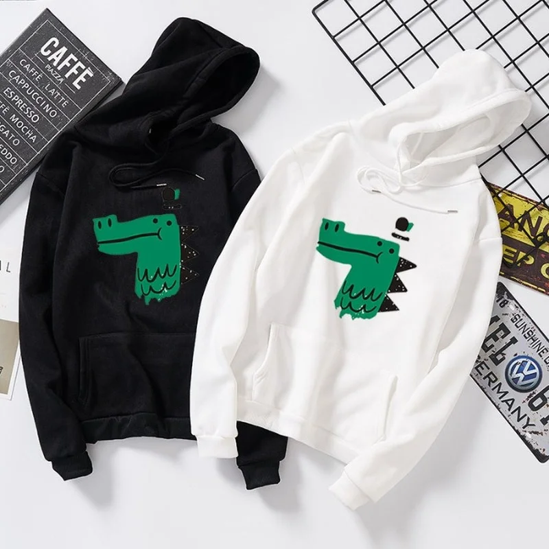 Cute Kawaii Green Crocodile Print Hoodies Sweatshirts Harajuku 2024 Women Simple Loose Casual Pullover Couple Clothes Streetwear