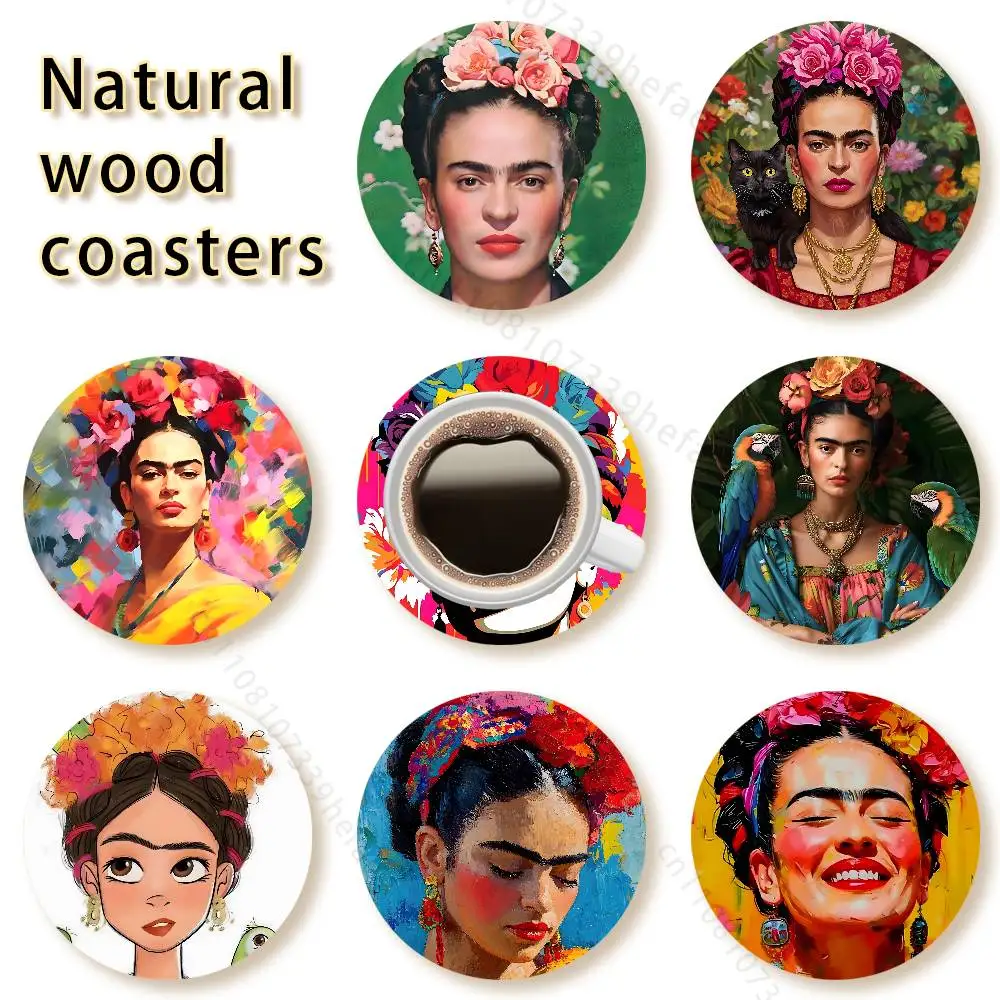 

Fashion F-FridaS K-Kahlo Style Vintage 4in Wooden Coasters Coffee Tea Cups Home Decor Christmas New Year Party Gift