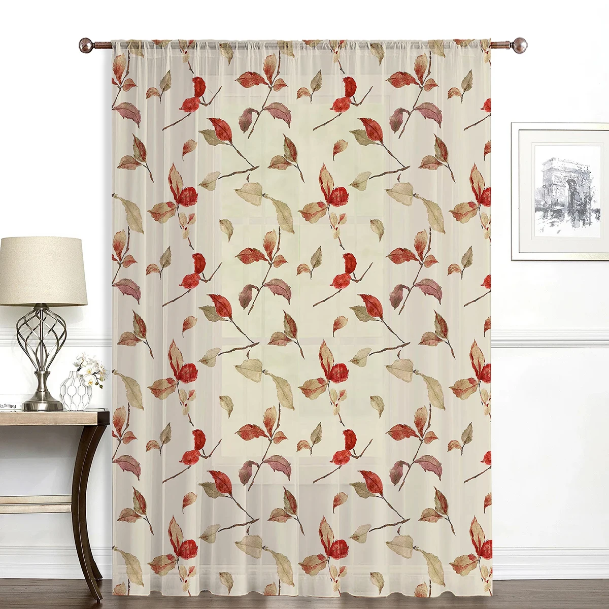 Warm-Toned Autumn Leaf Sheer Curtain - Retro Autumn Style Rod-Pocket Sheer Curtain, Ambient Decorative Sheer Curtain for Living