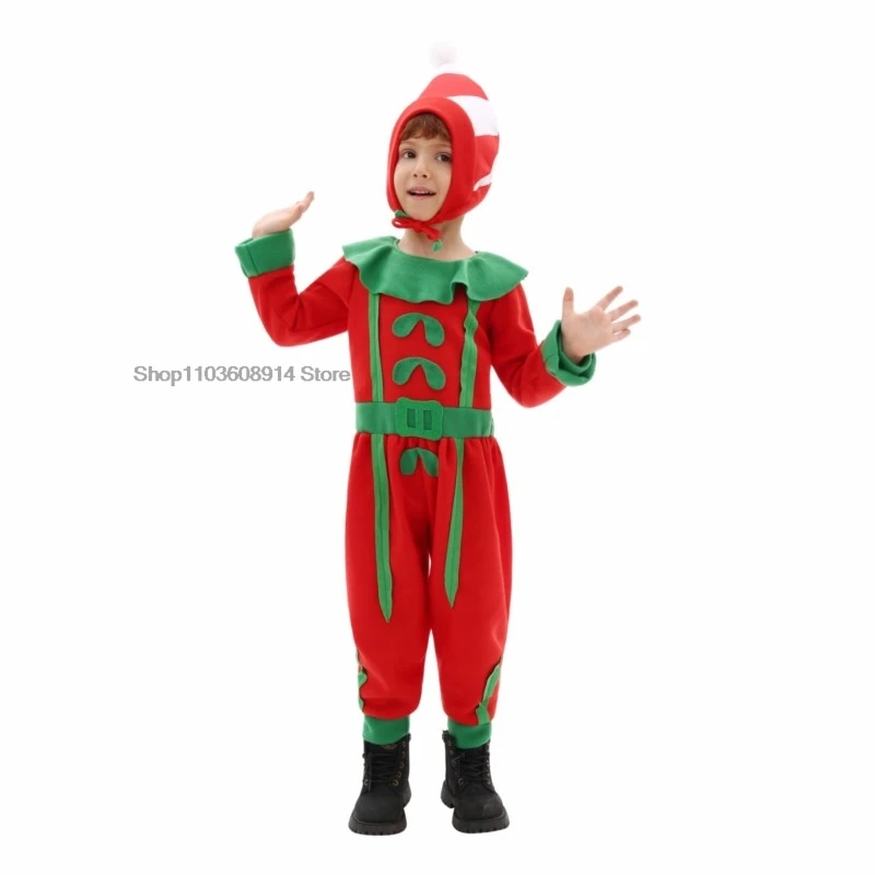 Kids Christmas elf cosplay costumes hat jumpsuits Christmas costumes set Boys Girls Xmas New Year party performance outfits