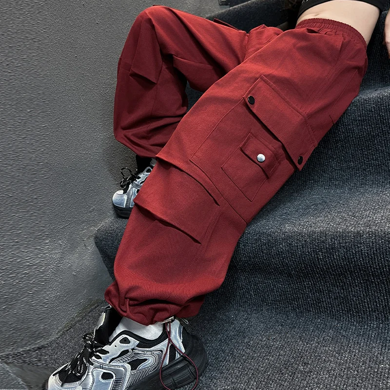 New Spring Kids Cargo Pants Teen Girl from 5 6 7 8 9 10 11 12 to 14 Years Old Child High Street Burgundy Trousers With Pockets