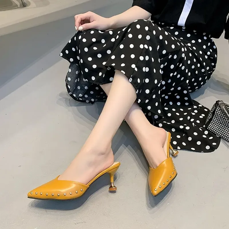 Korean version slippers for women 2024 summer new style pointed rivet thin heel high heels fashionable women's bag toe sandals