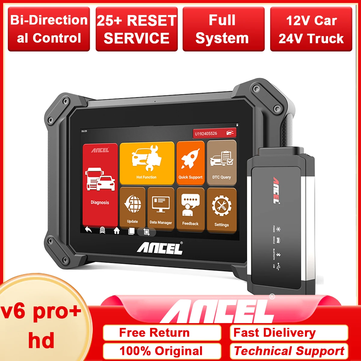 

ANCEL V6 Pro+ HD OBD2 Scanner For Car and Truck 12V 24V Heavy Duty Truck Scanner 25+ Reset Full System Diagnostic Tool