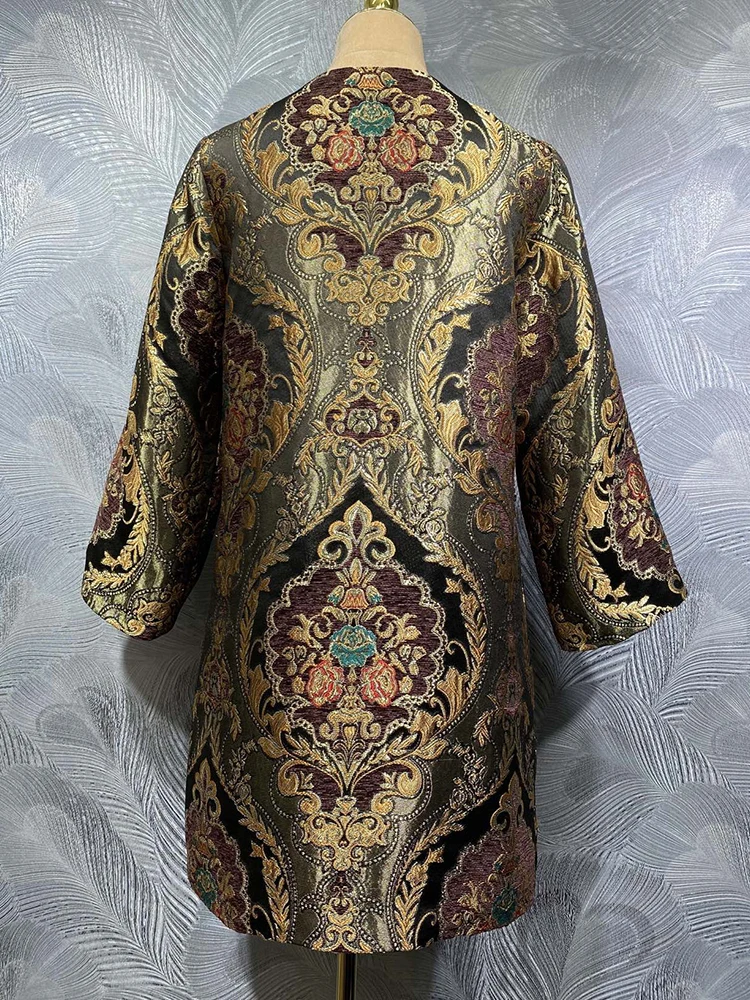 DLDENGHAN Sequins Diamonds Vintage Jacquard Coat For Women O-Neck 4/3 Sleeved Concealed Button Outerwear Fashion Autumn Female